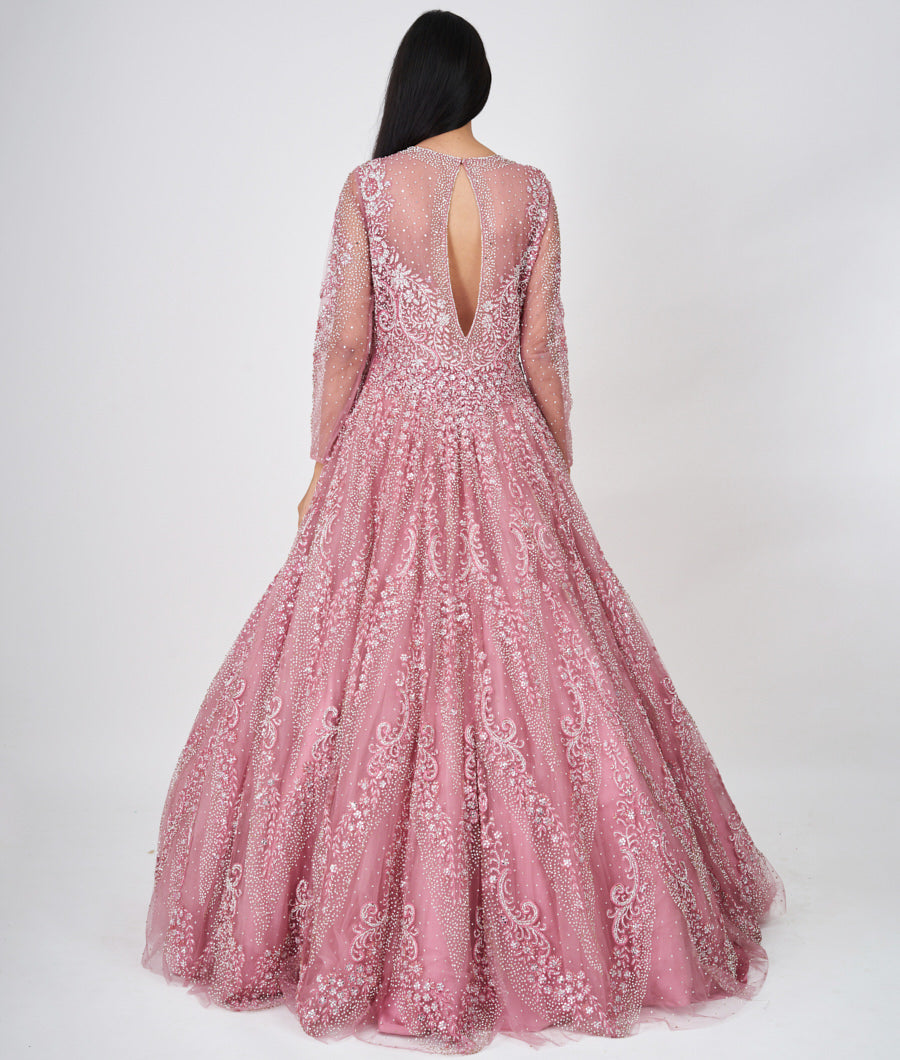 Onion Pink Sequins With Mirror And Jarkan Stone Work Ball Gown Gown