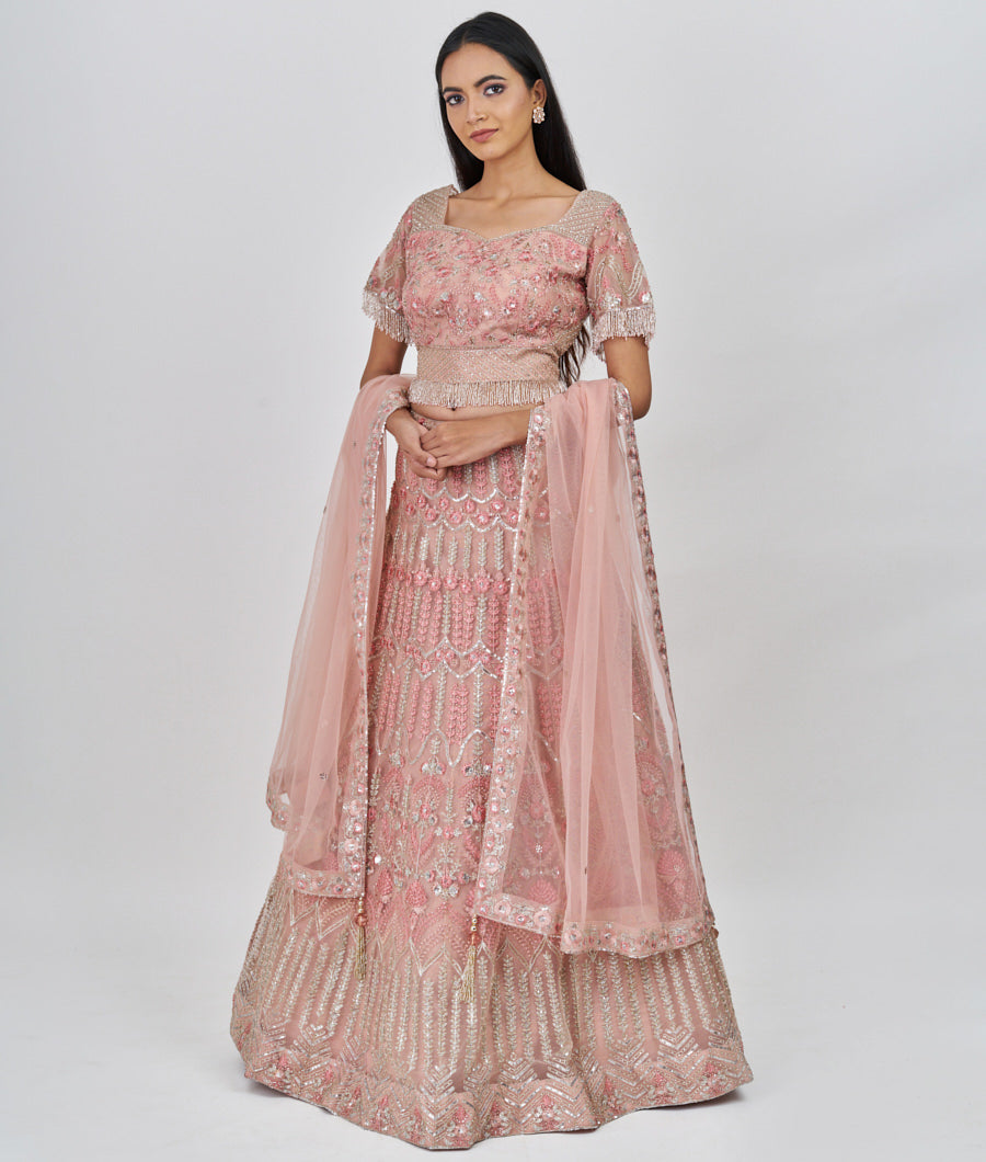 Peach Thread Embroidery With Pearl And Sequins And Cutdana And Stone Work  Lehenga_KNG101428