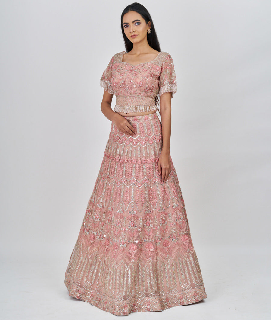 Peach Thread Embroidery With Pearl And Sequins And Cutdana And Stone Work  Lehenga_KNG101428