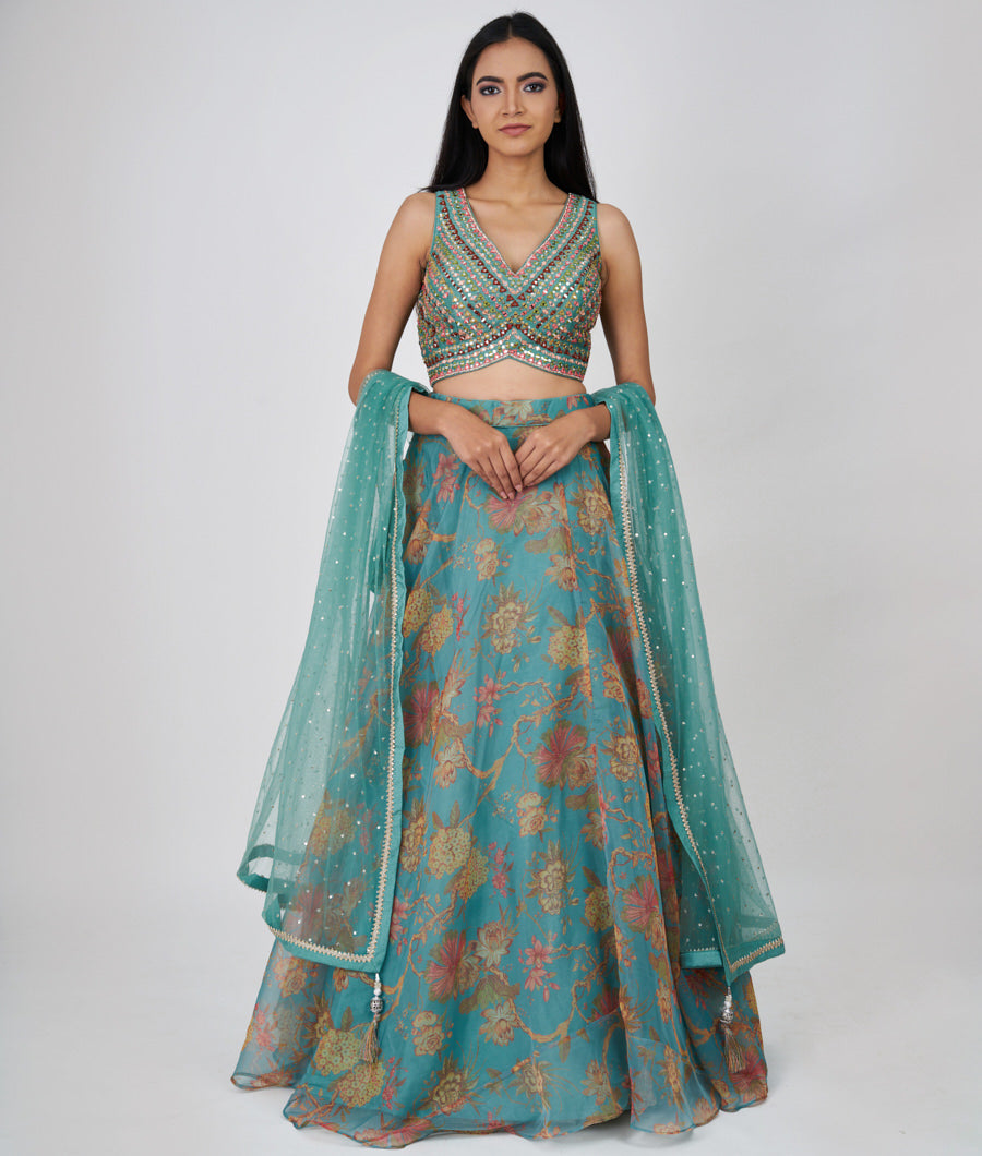 Sandal Floral Print And Multi Color Thread Embroidery With Mirror And Sequins And Jarkan Work  Lehenga