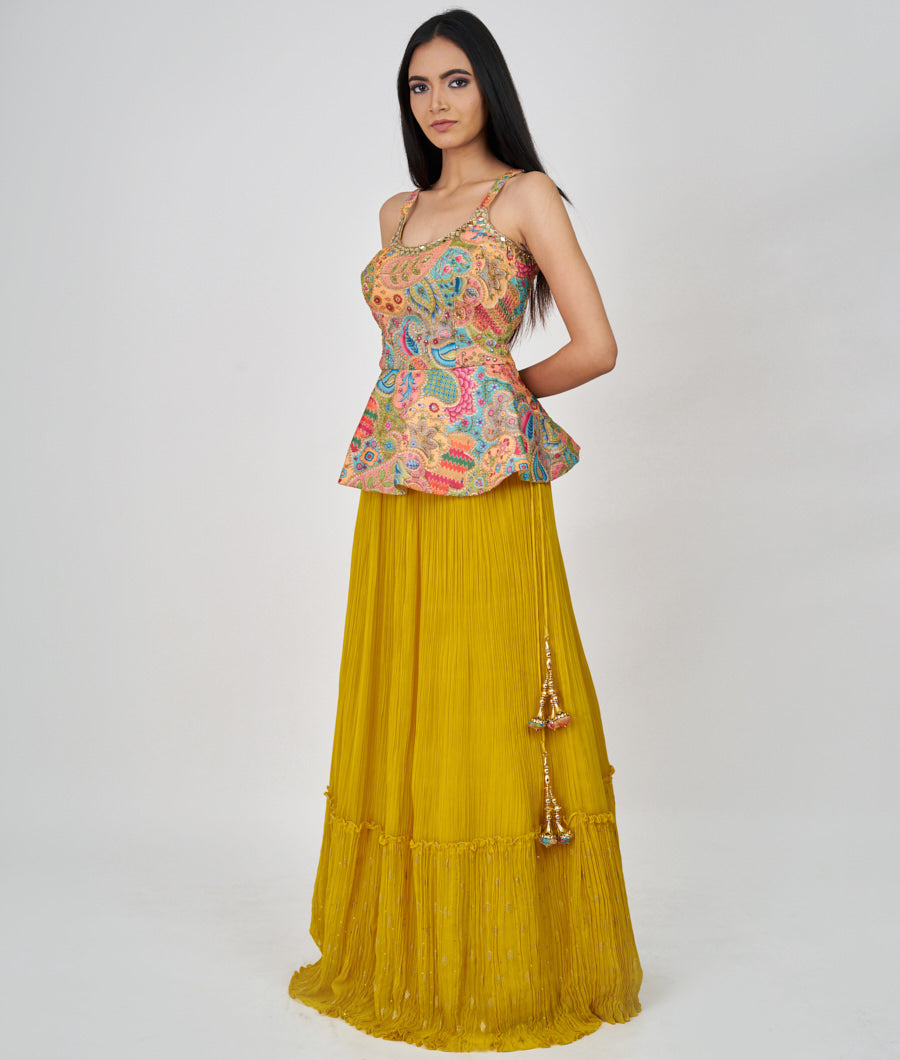 Yellow Zari Embroidery With Sequins And Zardosi And Mirror Work Peplum Top With Skirt Lehenga