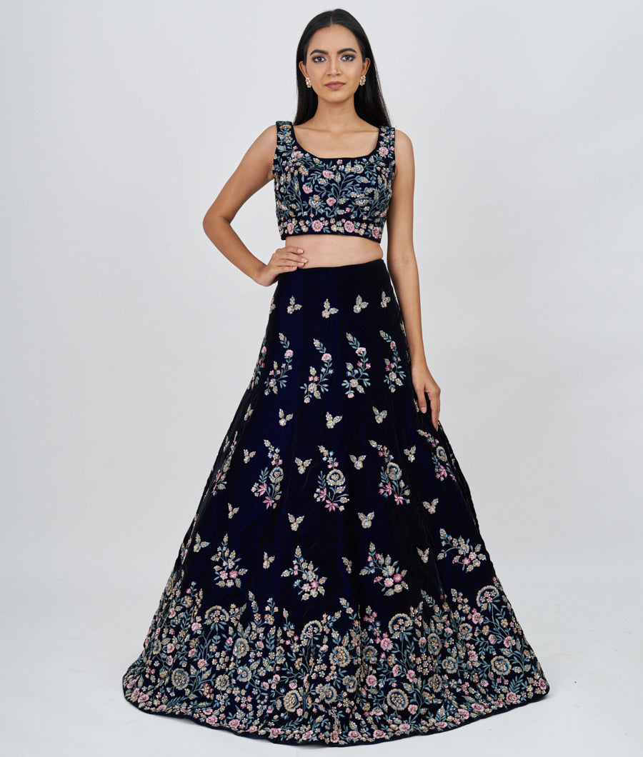Navy Blue Multi Color Thread Embroidery With Sequins And Pearl And Zar ...