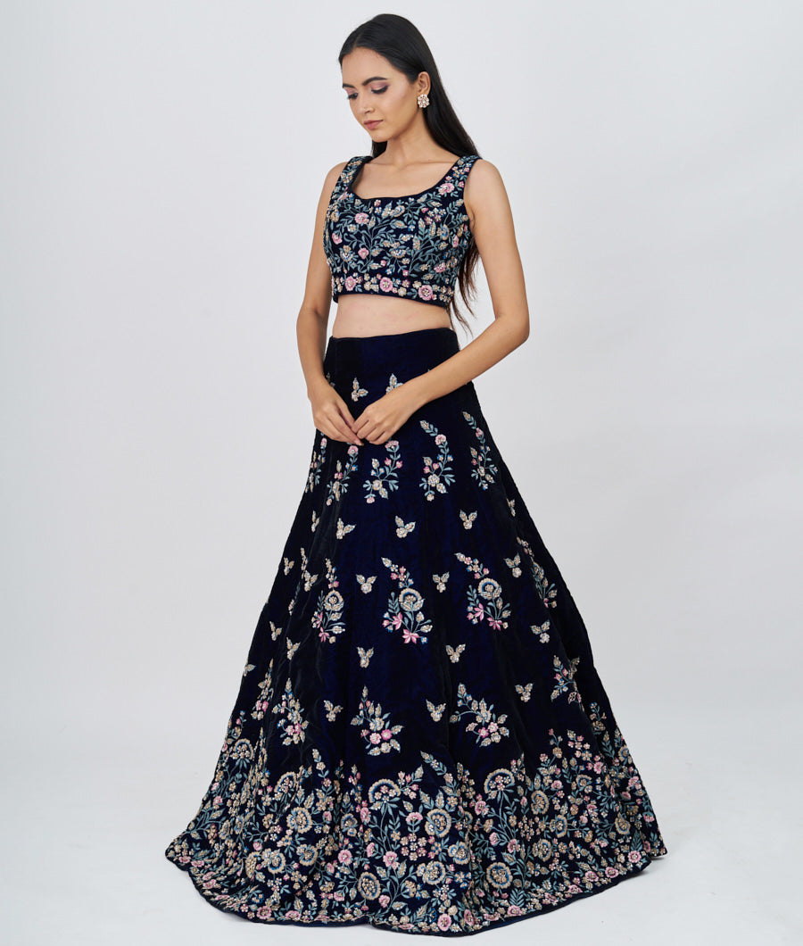 Navy Blue Multi Color Thread Embroidery With Sequins And Pearl And Zardosi Work  Lehenga
