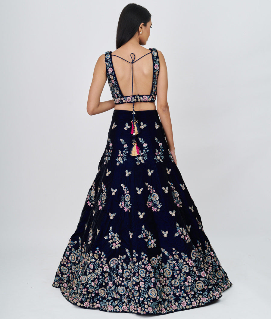 Navy Blue Multi Color Thread Embroidery With Sequins And Pearl And Zardosi Work  Lehenga