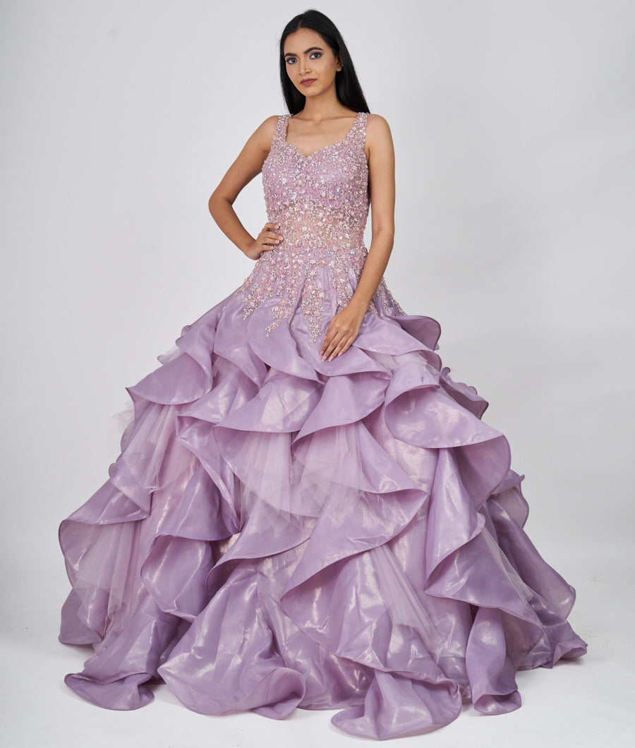 Lavender Sequins With Cutdana And Ruffle And Jarkan Stone Work Ball Gown Gown