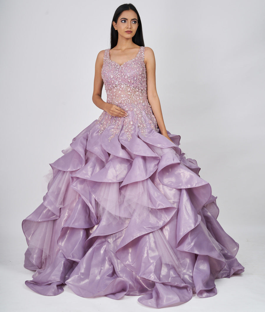 Lavender Sequins With Cutdana And Ruffle And Jarkan Stone Work Ball Gown Gown