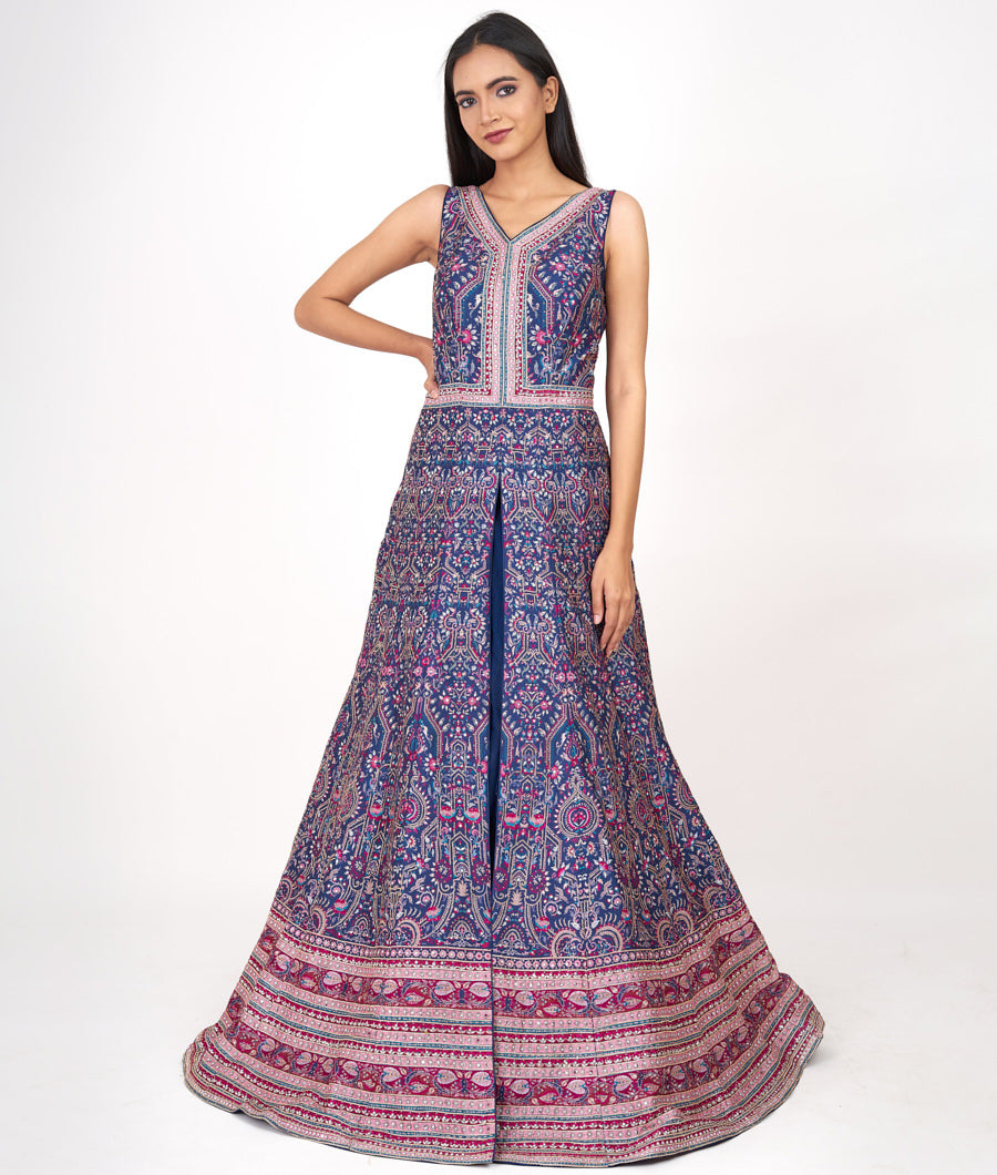 Navy Blue Digtal Print With Swarovski Stone And Stone Work Indo Western Gown