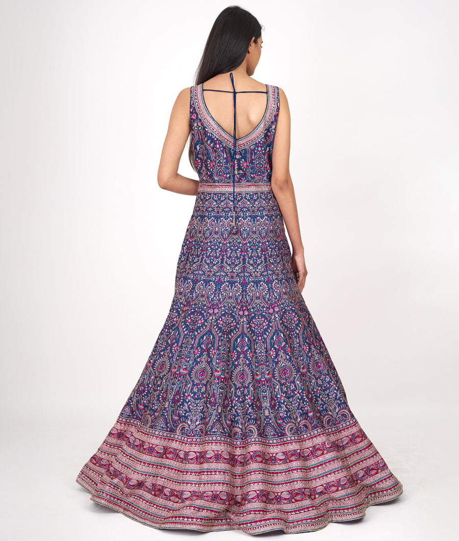 Navy Blue Digtal Print With Swarovski Stone And Stone Work Indo Western Gown