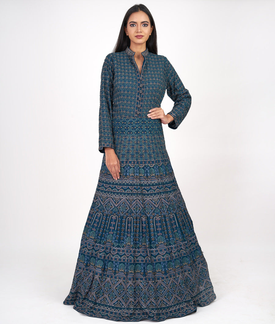 T.Blue Alover Multi Color Thread And Zari Embroidery With Swarovski Stone And Cutdana Work Gown