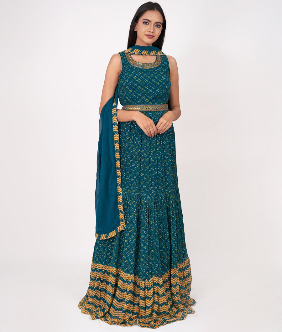 Peacock Blue Bandhani Print With Thread Embroidery And Sequins And Cutdana And Mirror Work Anarkali Salwar Kameez