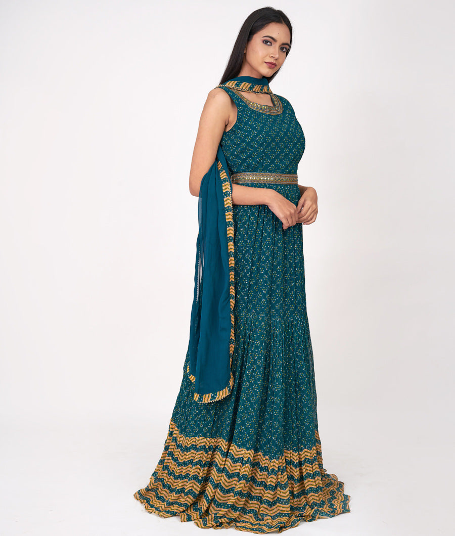 Peacock Blue Bandhani Print With Thread Embroidery And Sequins And Cutdana And Mirror Work Anarkali Salwar Kameez