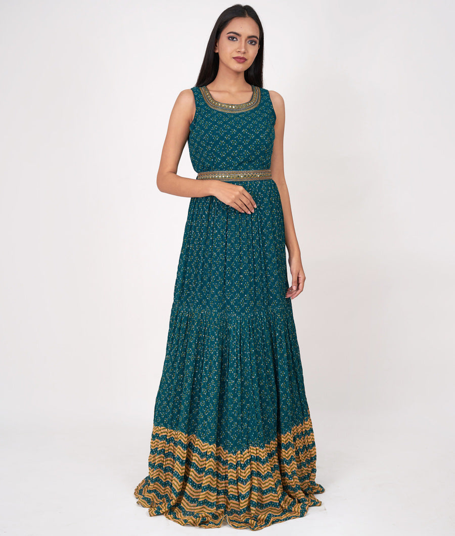 Peacock Blue Bandhani Print With Thread Embroidery And Sequins And Cutdana And Mirror Work Anarkali Salwar Kameez