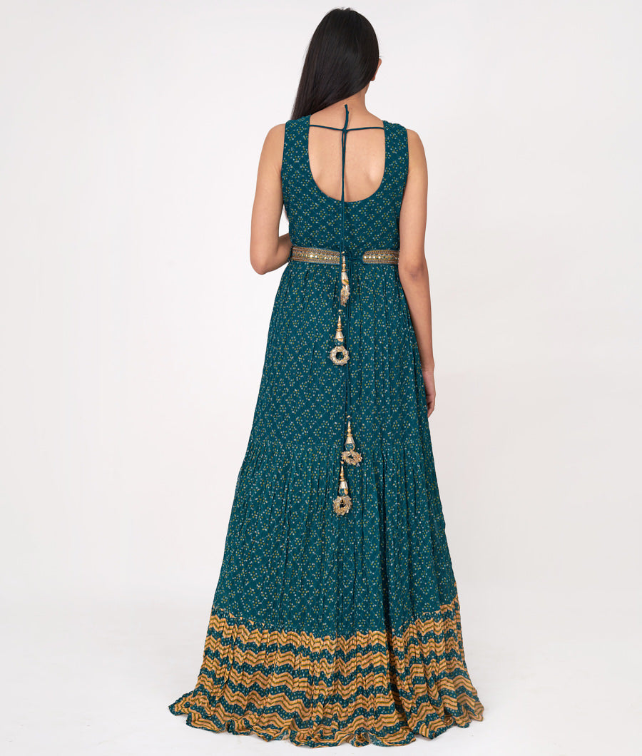 Peacock Blue Bandhani Print With Thread Embroidery And Sequins And Cutdana And Mirror Work Anarkali Salwar Kameez