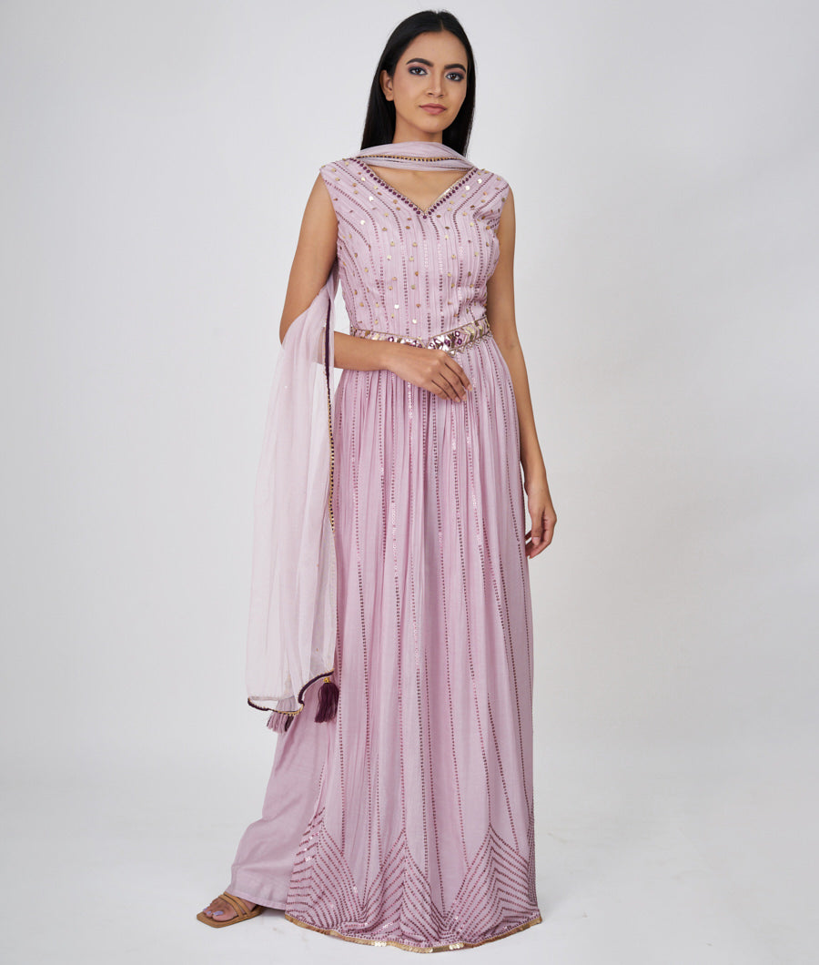 Lavender Sequins With Mirror Work Straight Cut Top With Palazzo Set Salwar Kameez