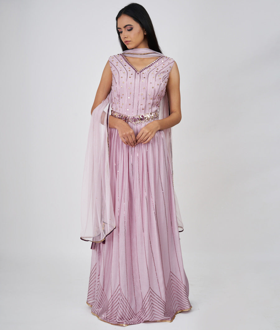 Lavender Sequins With Mirror Work Straight Cut Top With Palazzo Set Salwar Kameez