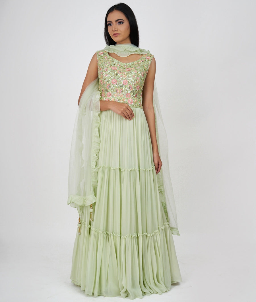 Pista Green Thread Embroidery With Pearl And Sequins Work Anarkali Salwar Kameez