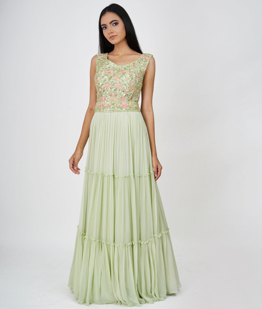 Pista Green Thread Embroidery With Pearl And Sequins Work Anarkali Salwar Kameez