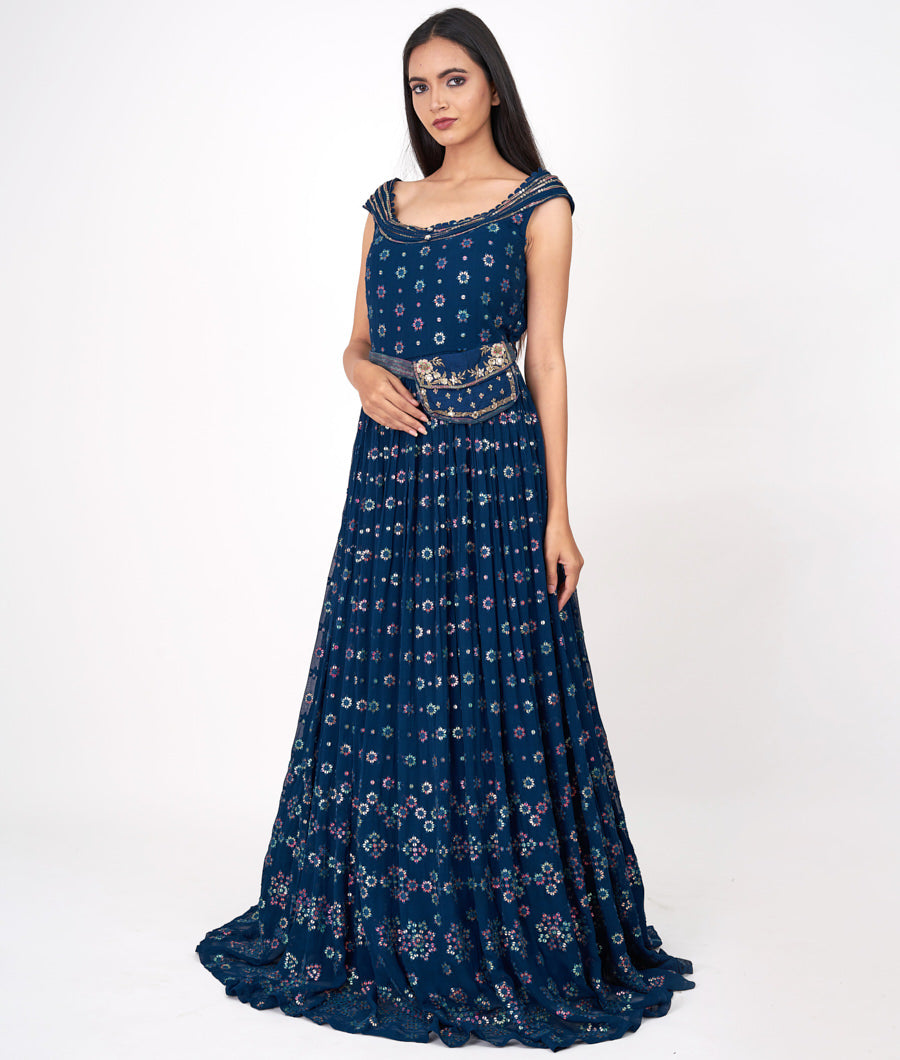 Navy Blue Alover Thread Embroidery With Multi Color Sequins Work Anarkali Salwar Kameez