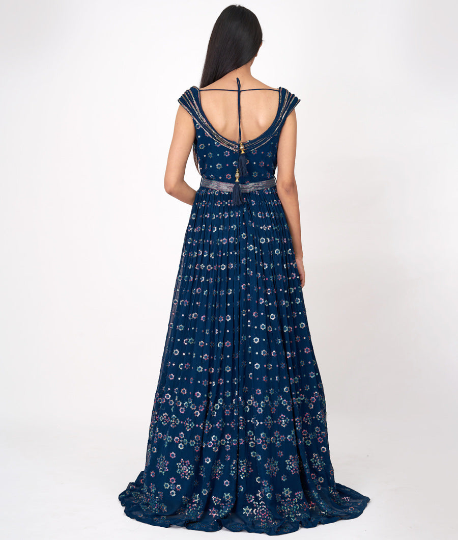Navy Blue Alover Thread Embroidery With Multi Color Sequins Work Anarkali Salwar Kameez
