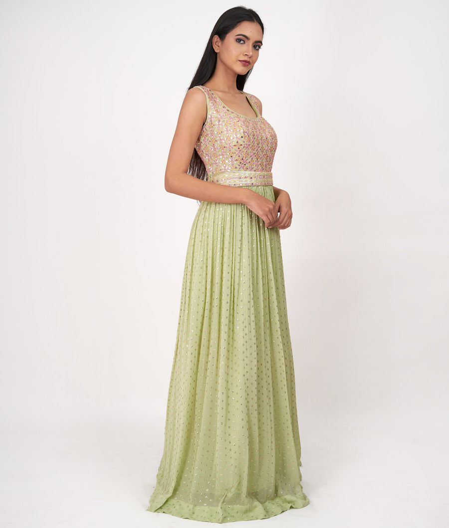 Pista Green Thread Embroidery With Sequins And Mirror And Leather Applic Anarkali Salwar Kameez