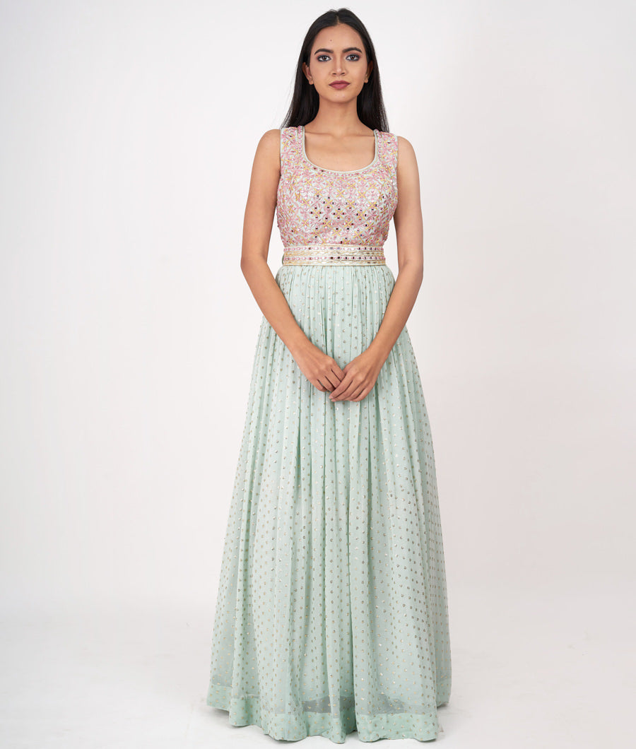 Aqua Thread Embroidery With Sequins And Mirror And Leather Applic Anarkali Salwar Kameez