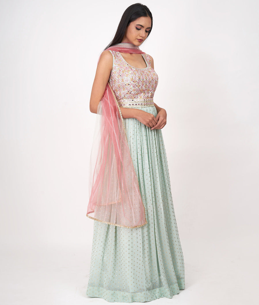 Aqua Thread Embroidery With Sequins And Mirror And Leather Applic Anarkali Salwar Kameez