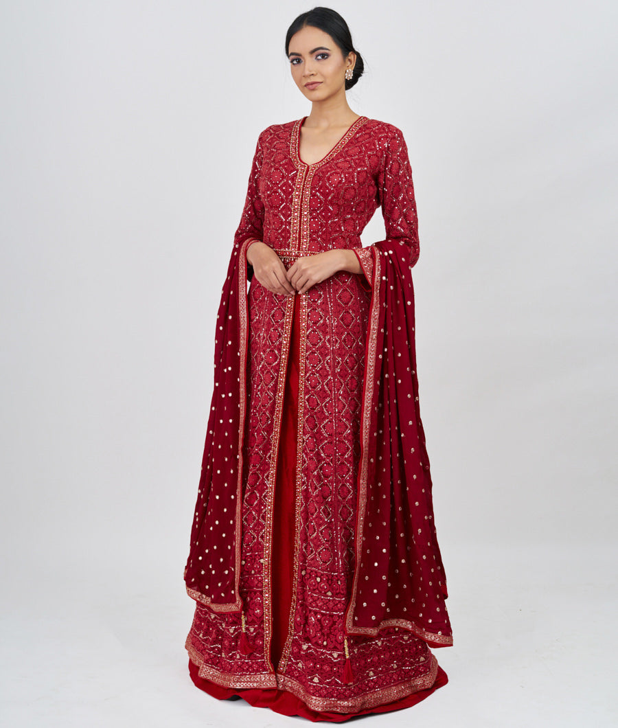 Maroon Locknow Embroidery With Pearl And Sequins And Mirror And Jarkan Stone Work Indo Western Lehenga