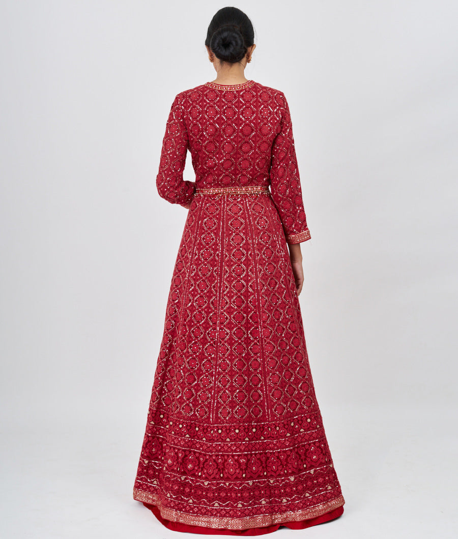 Maroon Locknow Embroidery With Pearl And Sequins And Mirror And Jarkan Stone Work Indo Western Lehenga