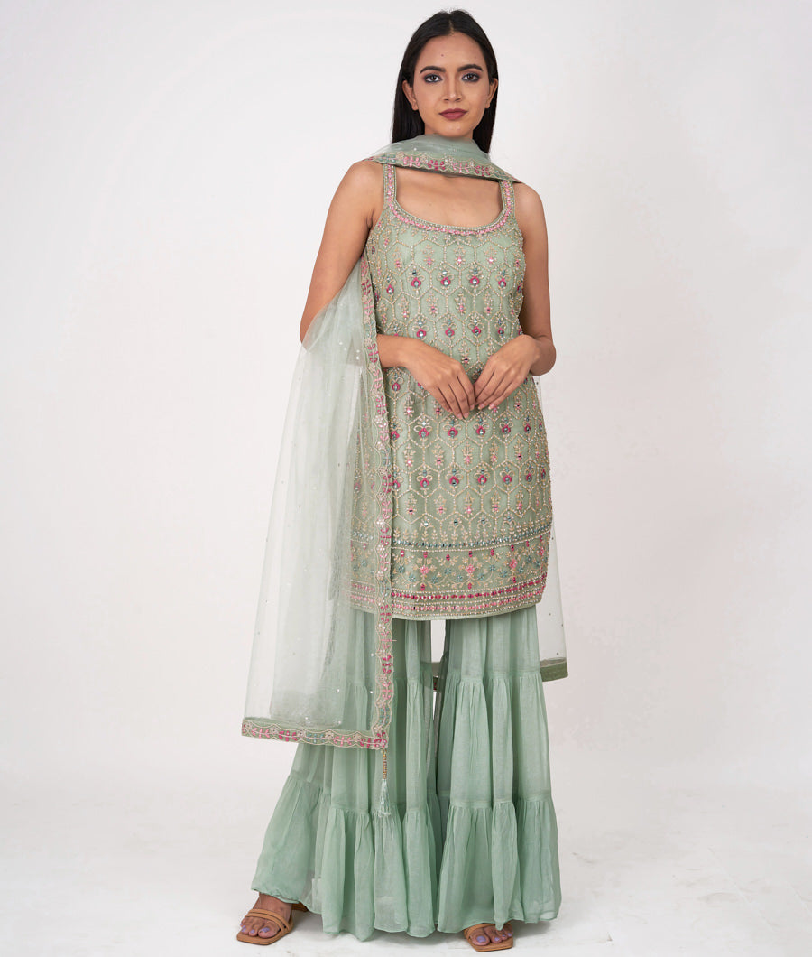 Pista Green Multi Color Thread And Zari Embroidery With Sequins And Pearl And Mirror And Jarkan Stone Work Straight Cut Top With Sharara Bottom Salwar Kameez