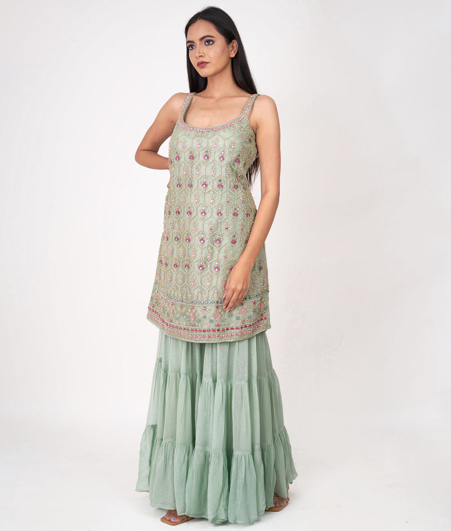 Pista Green Multi Color Thread And Zari Embroidery With Sequins And Pearl And Mirror And Jarkan Stone Work Straight Cut Top With Sharara Bottom Salwar Kameez