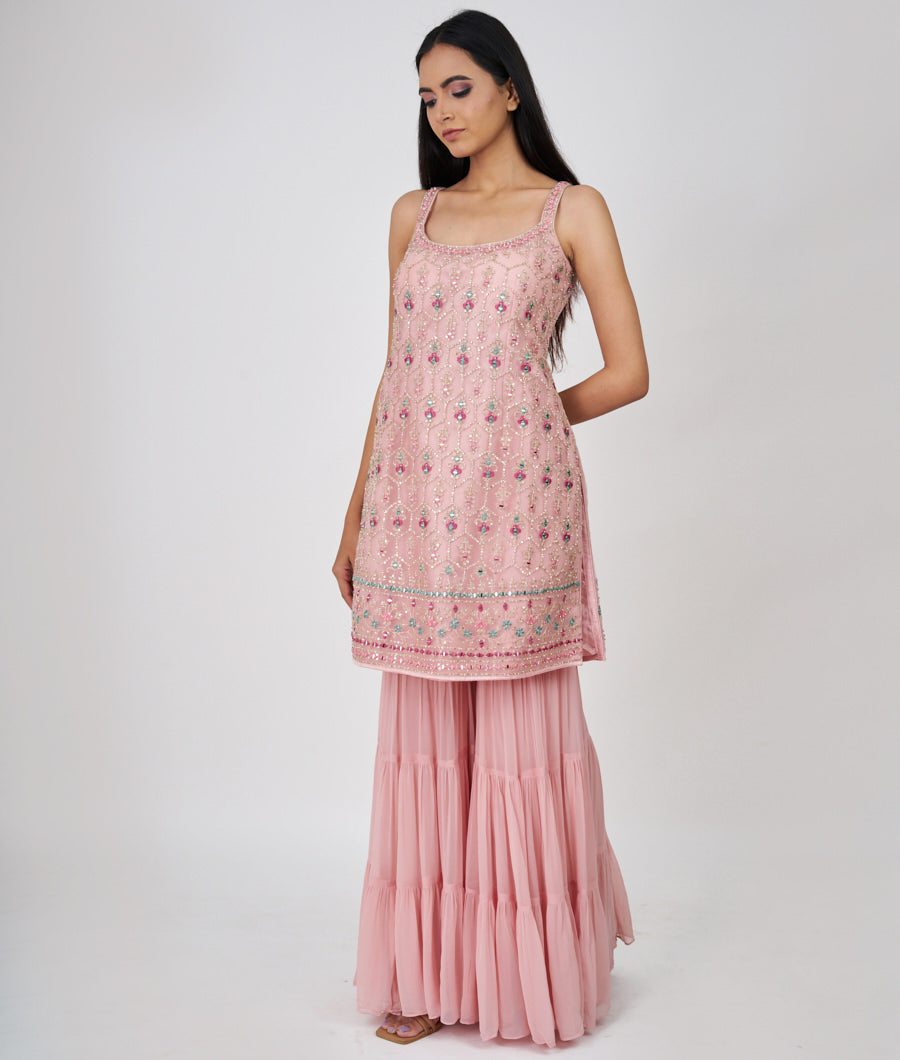 Pink Thread And Zari Embroidery With Pearl And Sequins And Mirror And Jarkan Stone Work Straight Cut Top With Sharara Bottom Salwar Kameez