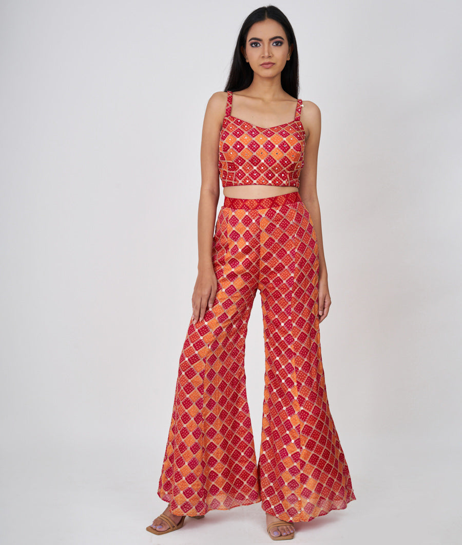 Multi Color Bandhani Print And Zari Embroidery With Sequins And Mirror Work Crop Top With Palazzo Set Salwar Kameez