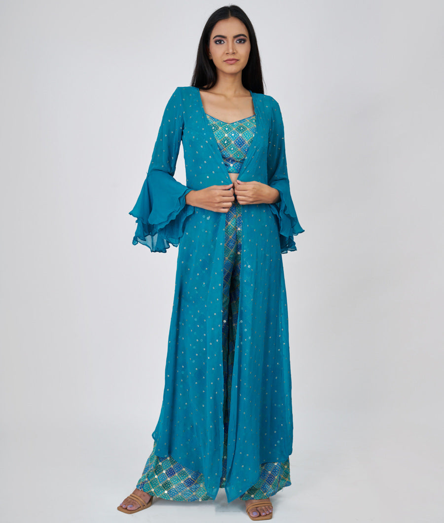 Blue/Green Bandhani Print And Zari Embroidery With Sequins And Mirror Work Crop Top With Palazzo Set Salwar Kameez