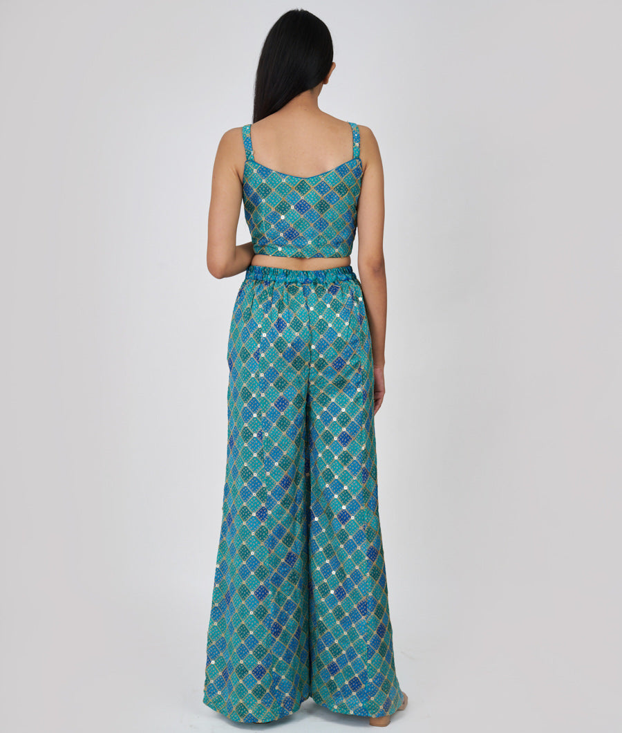 Blue/Green Bandhani Print And Zari Embroidery With Sequins And Mirror Work Crop Top With Palazzo Set Salwar Kameez