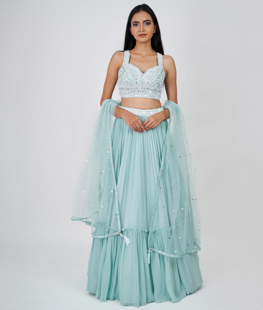 Sea Green Sequins With Cutdana And Pearl And Mirror Work  Lehenga