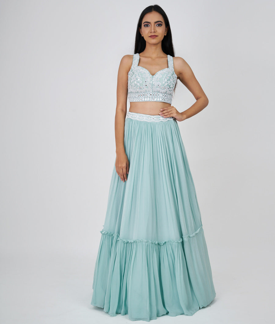 Sea Green Sequins With Cutdana And Pearl And Mirror Work  Lehenga