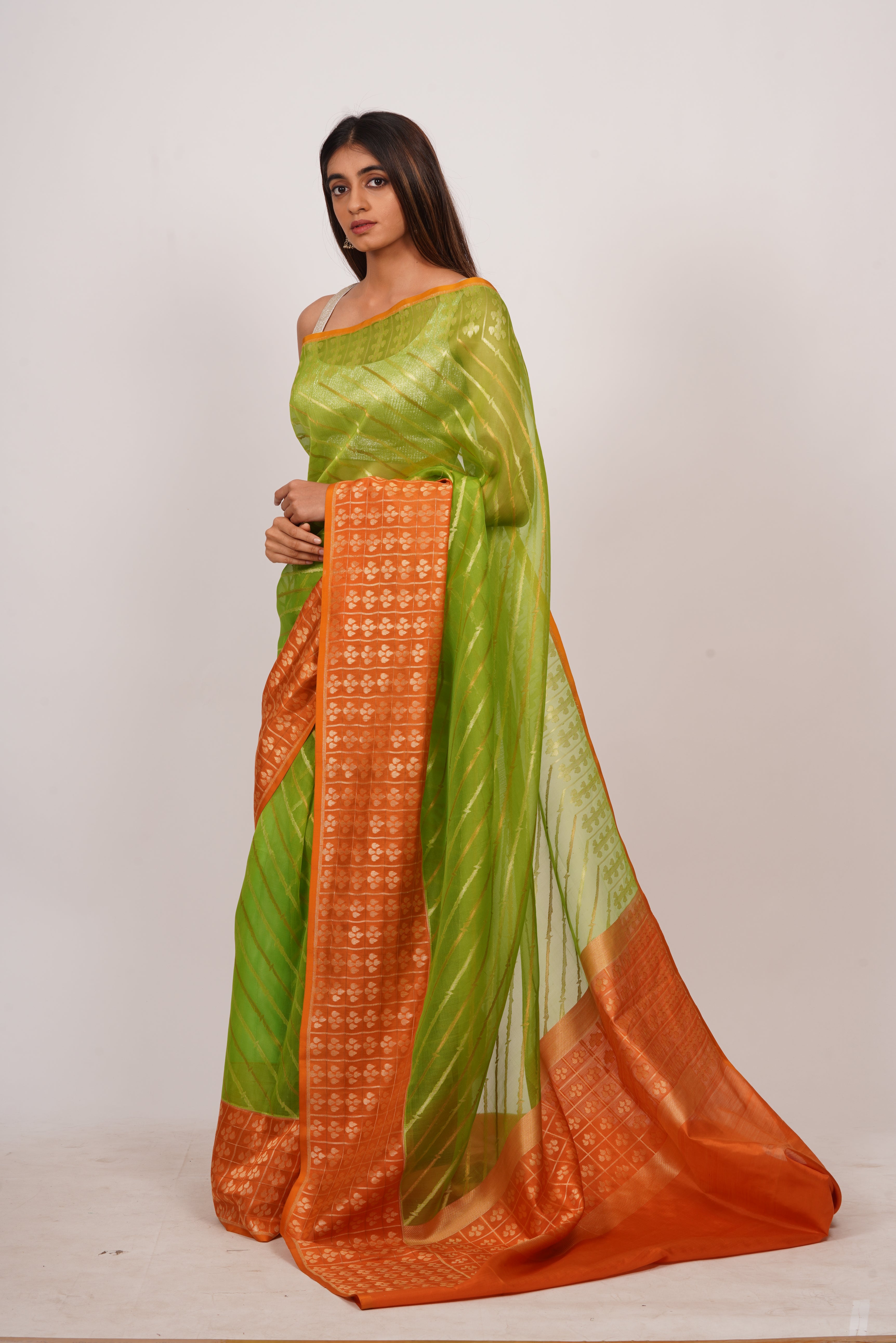 Pista Green Kora Silk Saree In Gold Zari - kaystore.in