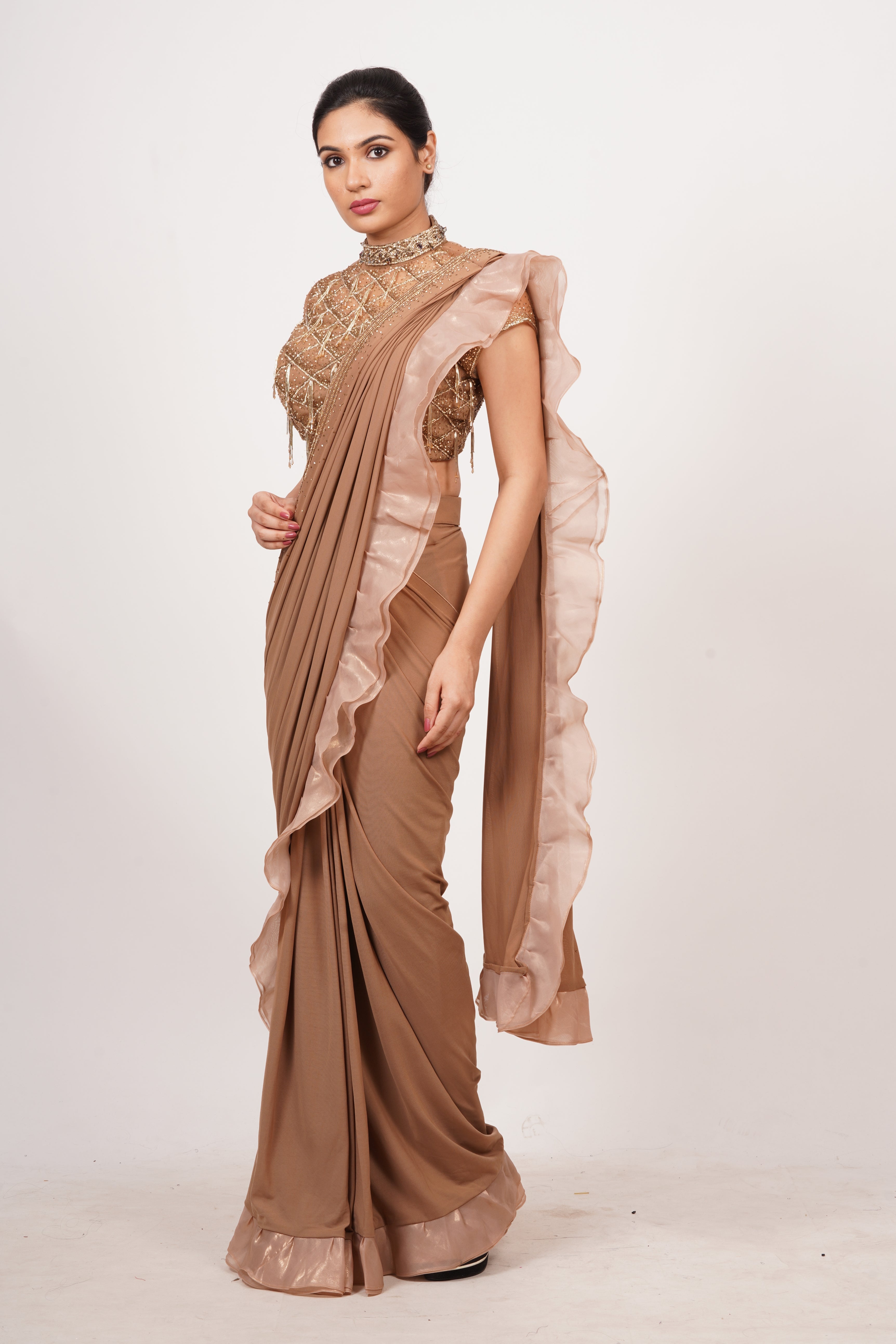 Chickoo Lycra And Net Saree - kaystore.in