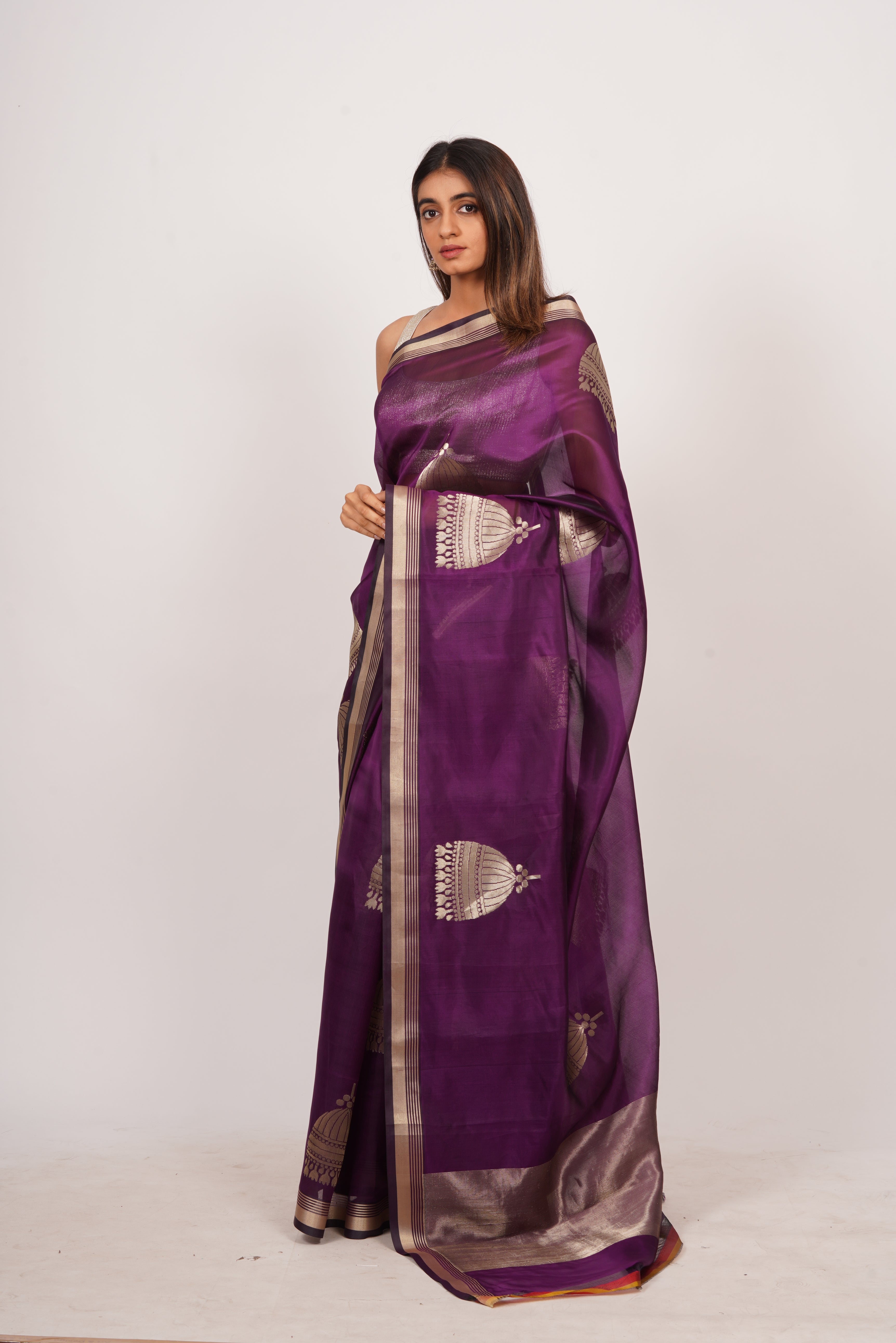 Purple Kora Silk Saree In Gold Zari - kaystore.in
