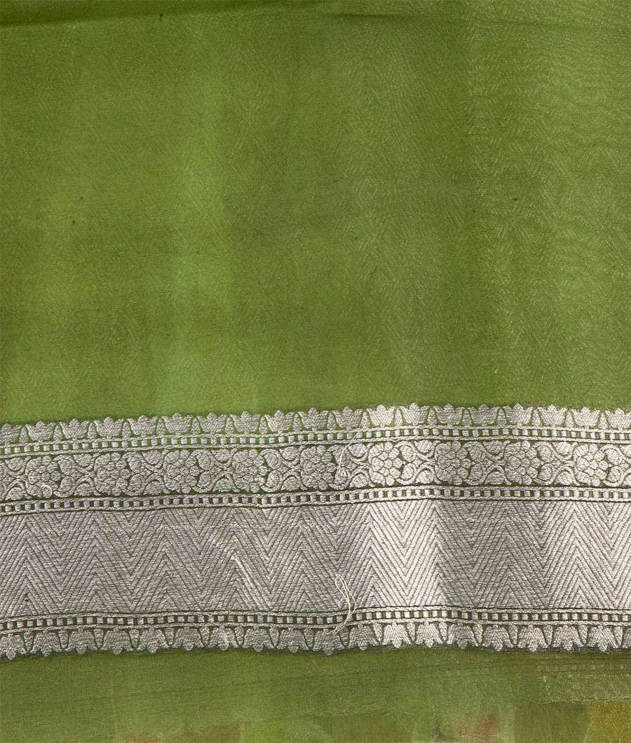Pista Green Banarasi Kora Silk Saree Silver Zari - kaystore.in