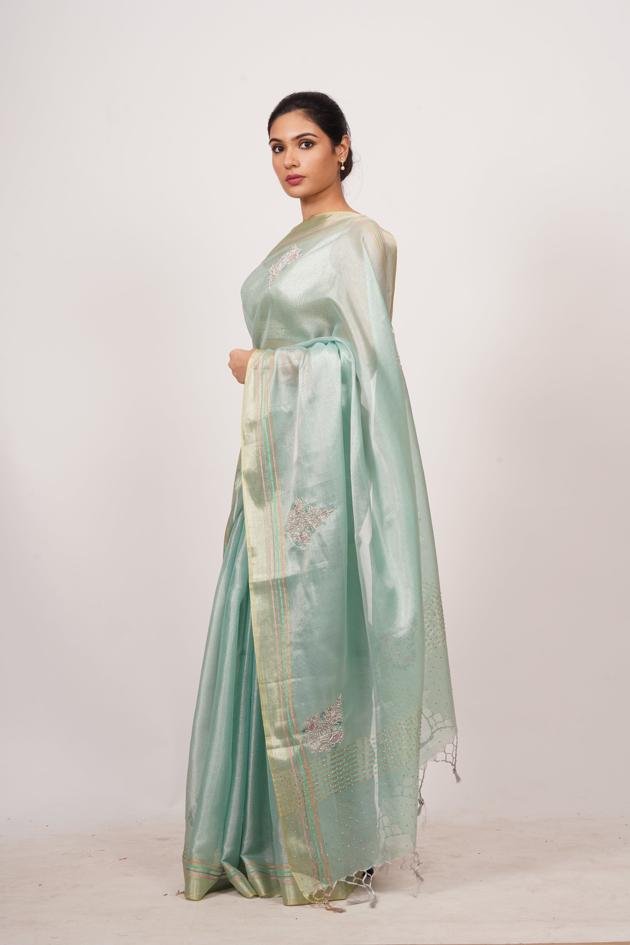 Silver Tissue Saree Stone Work - kaystore.in