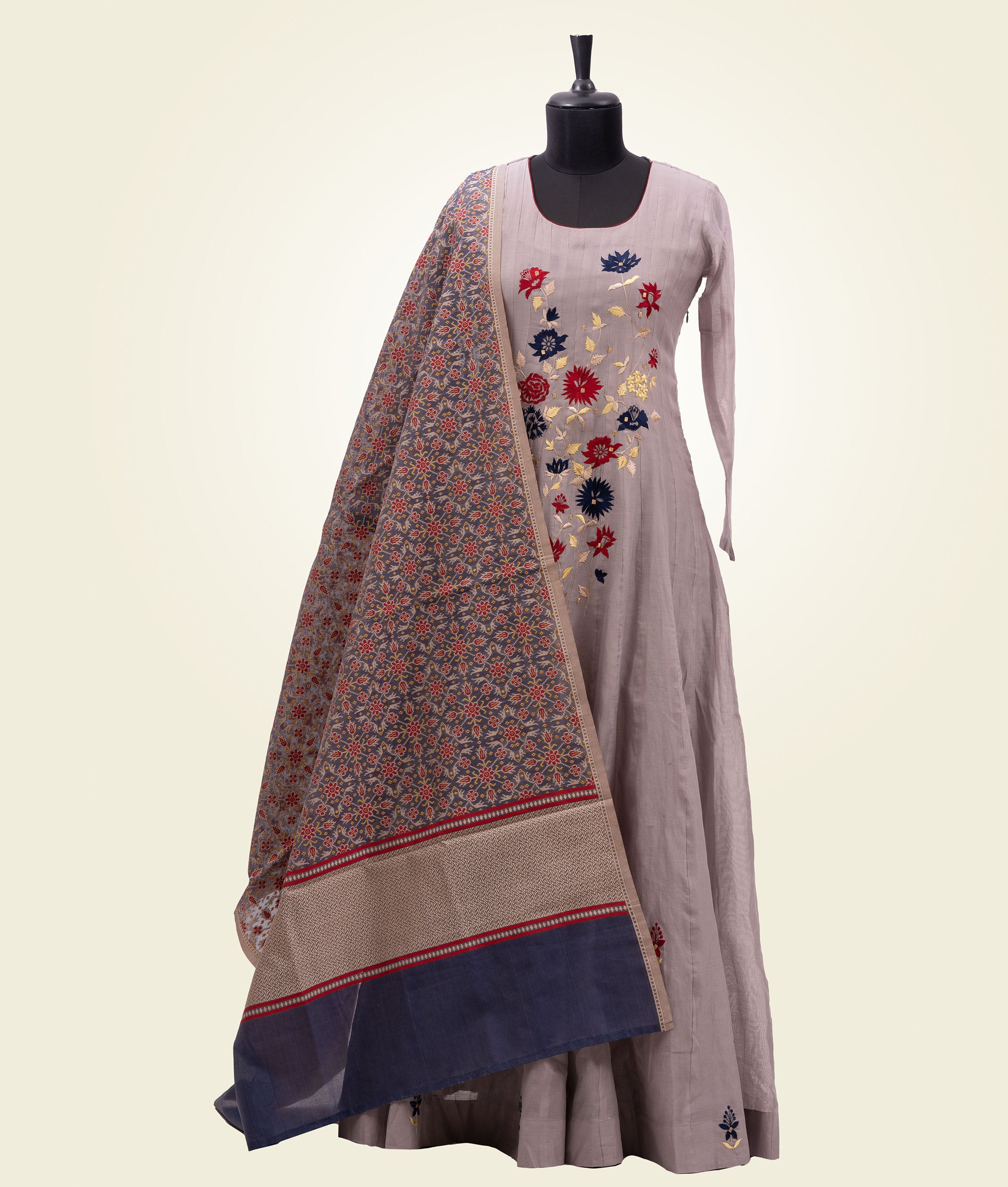 Light Grey Salwar Kameez With Embroidery And Banarasi Kora Dupatta - kaystore.in
