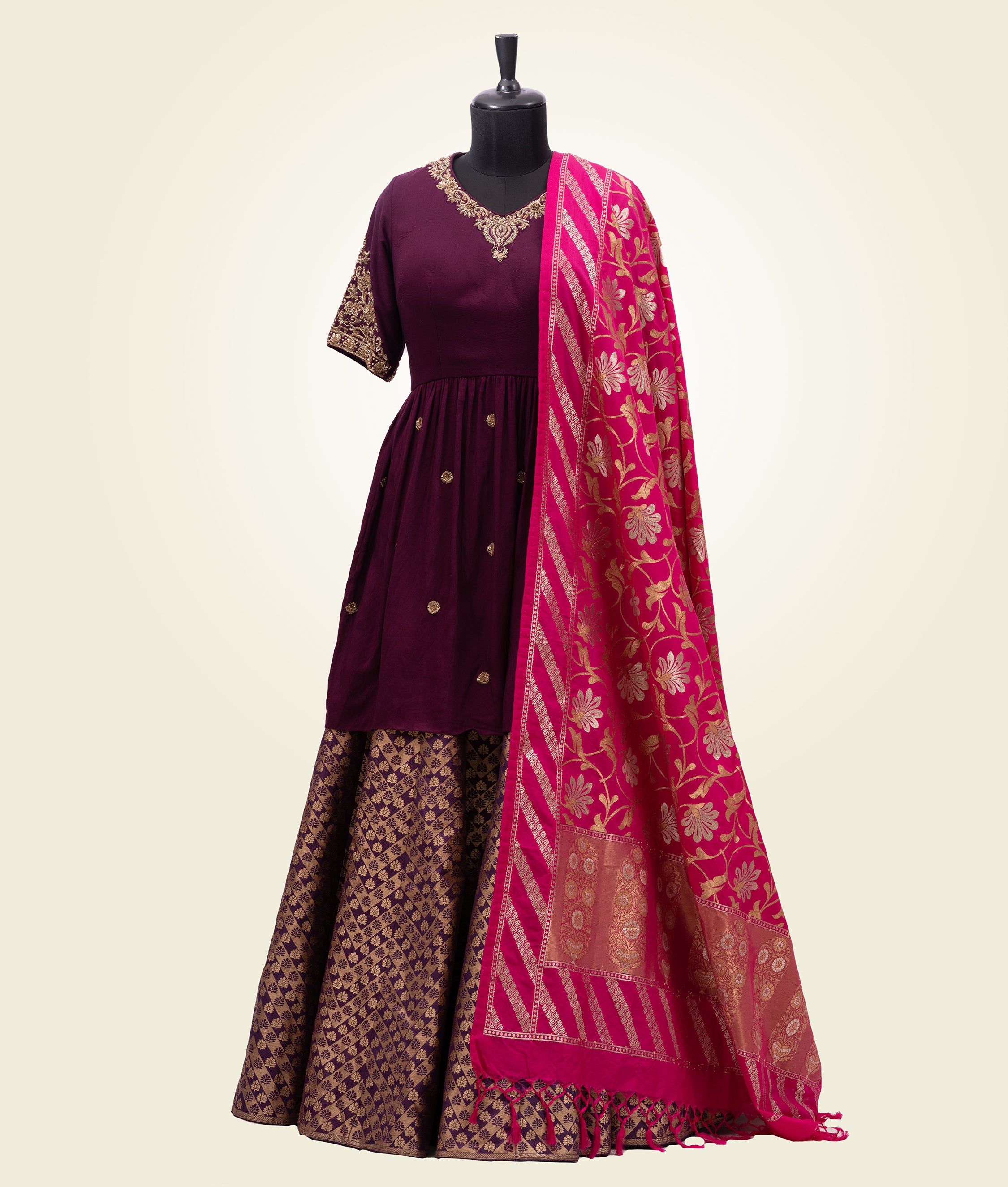 Purple Peplum Indo Western With Banarasi Skirt - kaystore.in