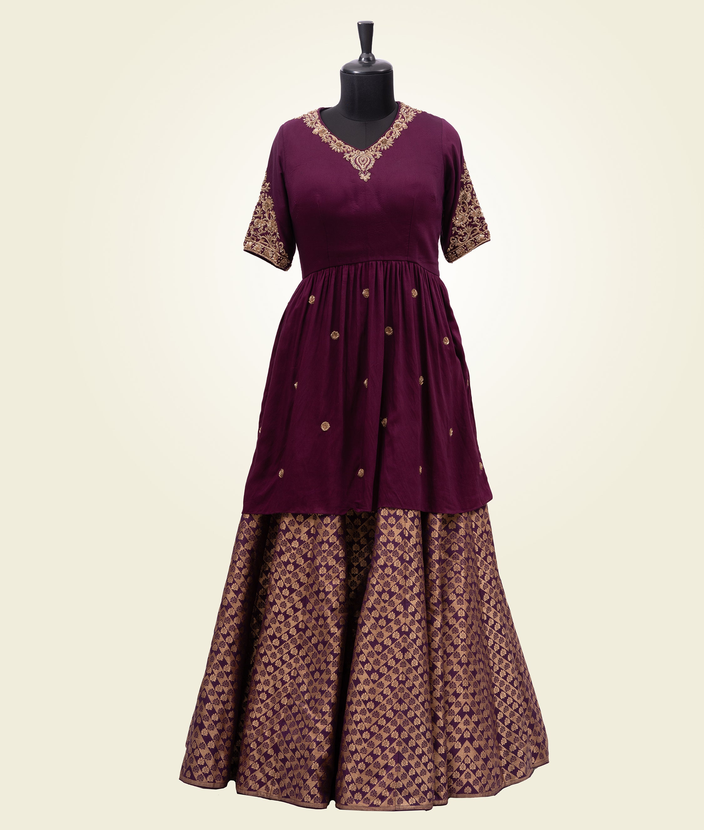 Purple Peplum Indo Western With Banarasi Skirt - kaystore.in