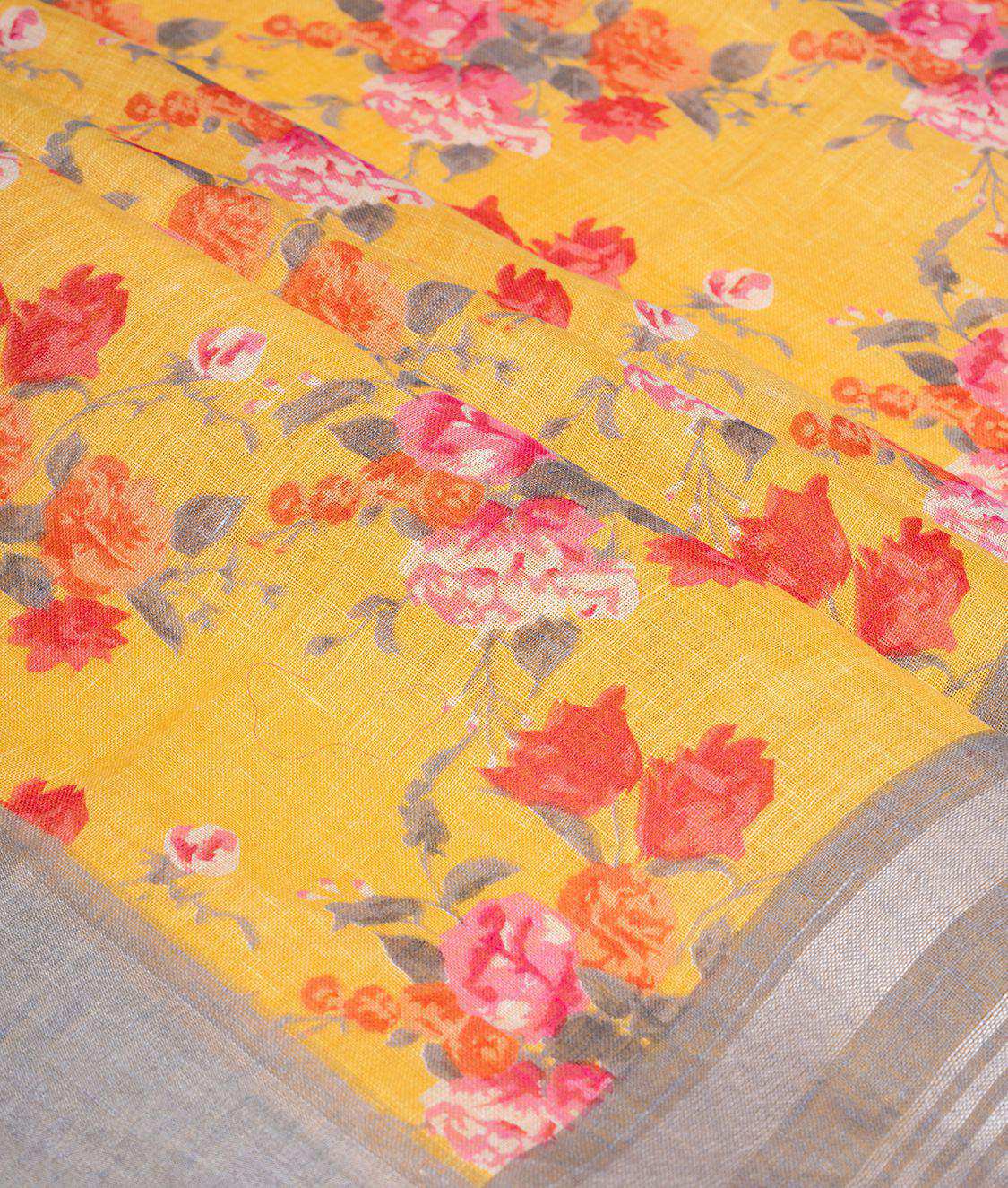 Yellow Linen Cotton Saree With Floral Print - kaystore.in