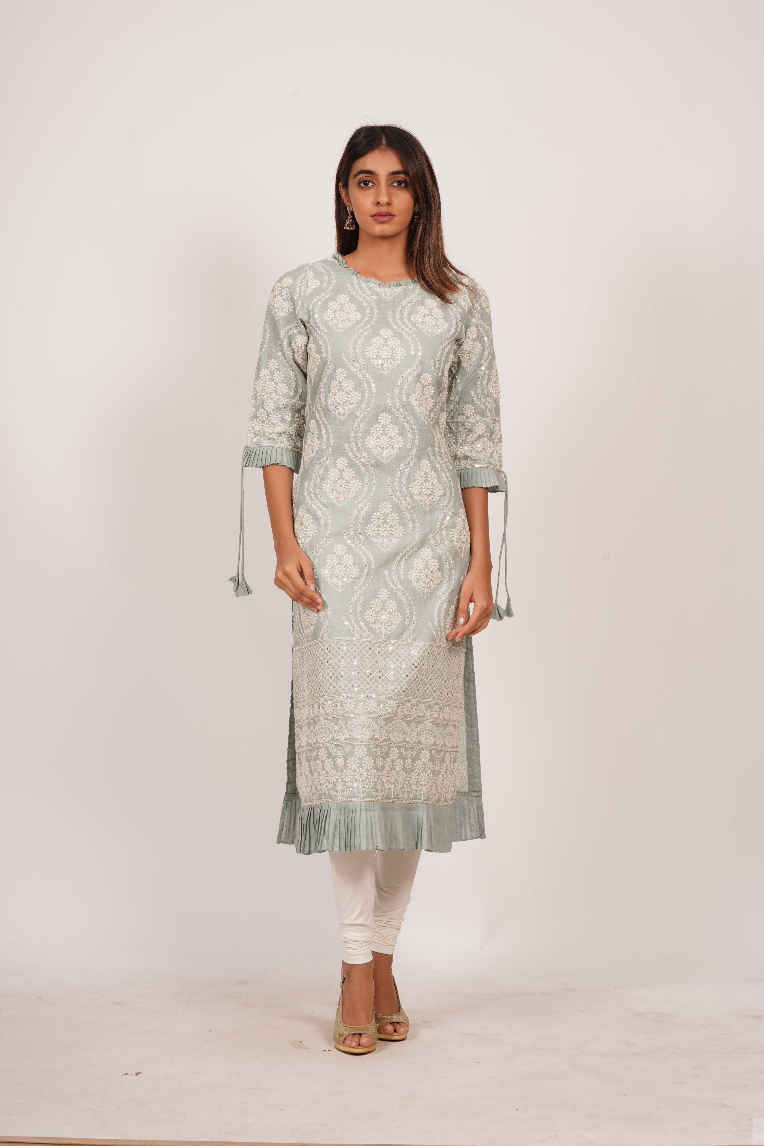 Ice Blue Linen Kurti With Embroidery - kaystore.in