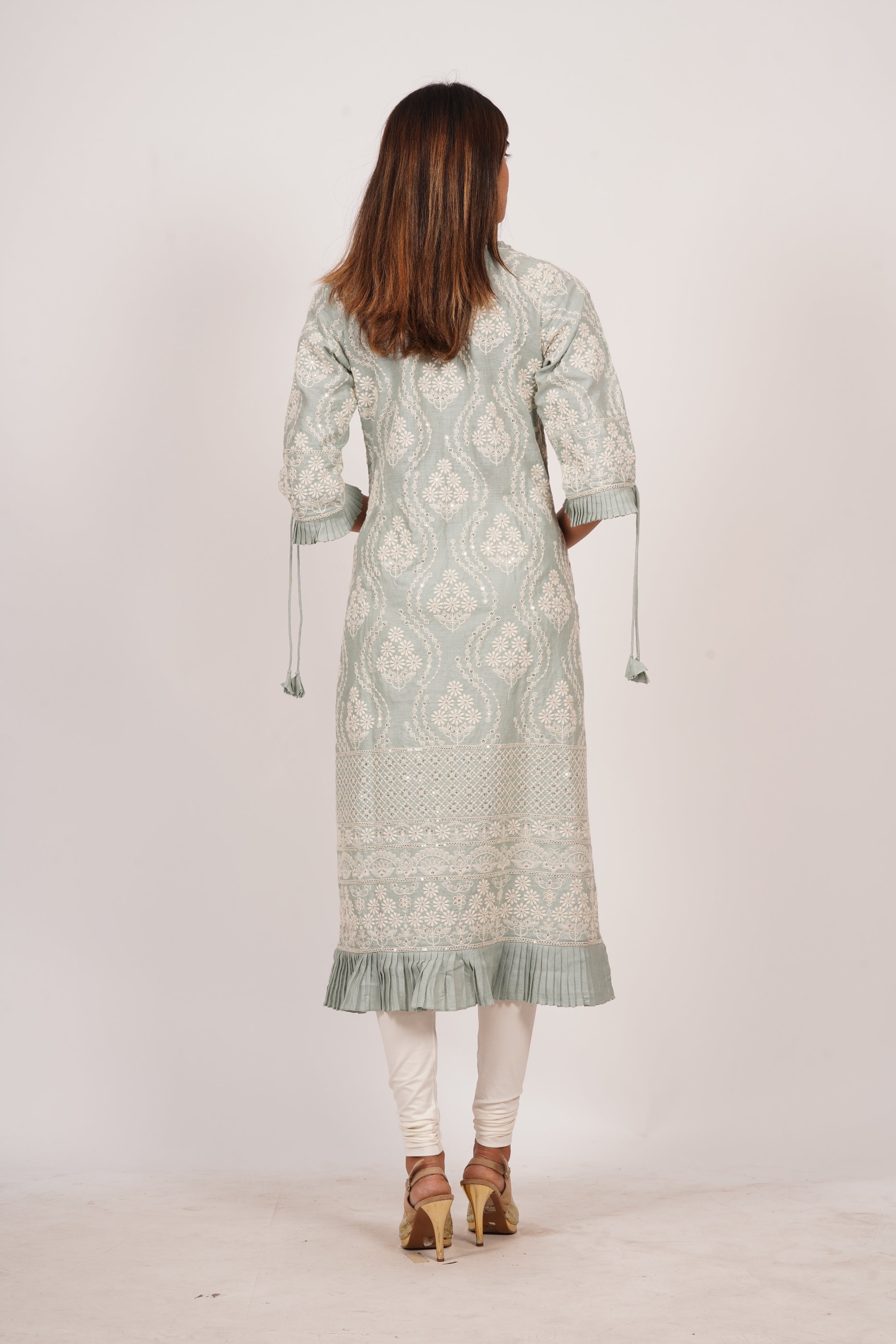 Ice Blue Linen Kurti With Embroidery - kaystore.in