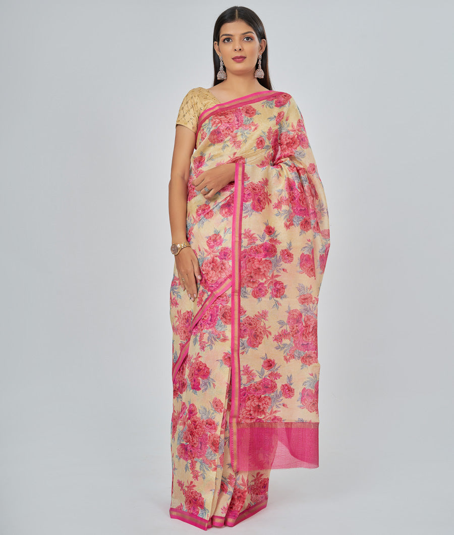 Off White Chanderi Saree Floral Print - kaystore.in