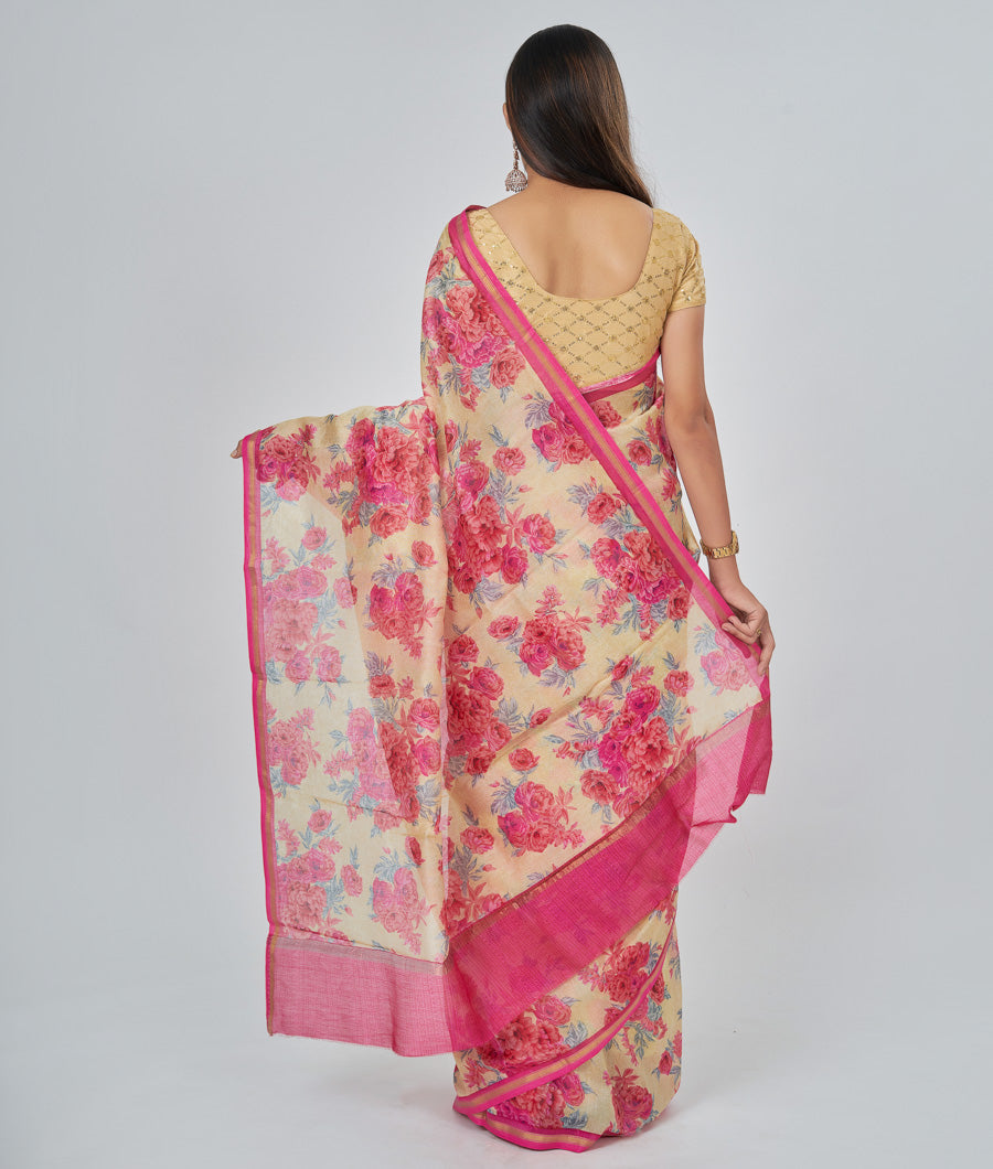 Off White Chanderi Saree Floral Print - kaystore.in