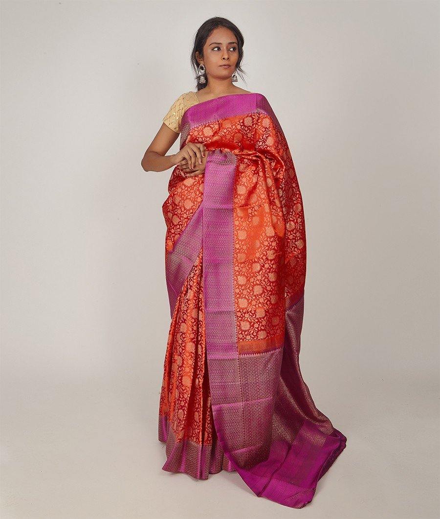 Orange Kanchipuram Saree Gold Zari Body Full Zari Weaving - kaystore.in